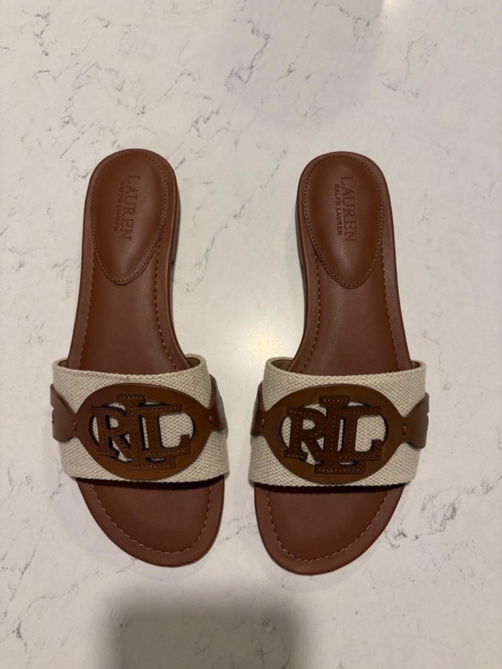 Ralph Lauren Cream and Tan RL Logo Slide Sandals